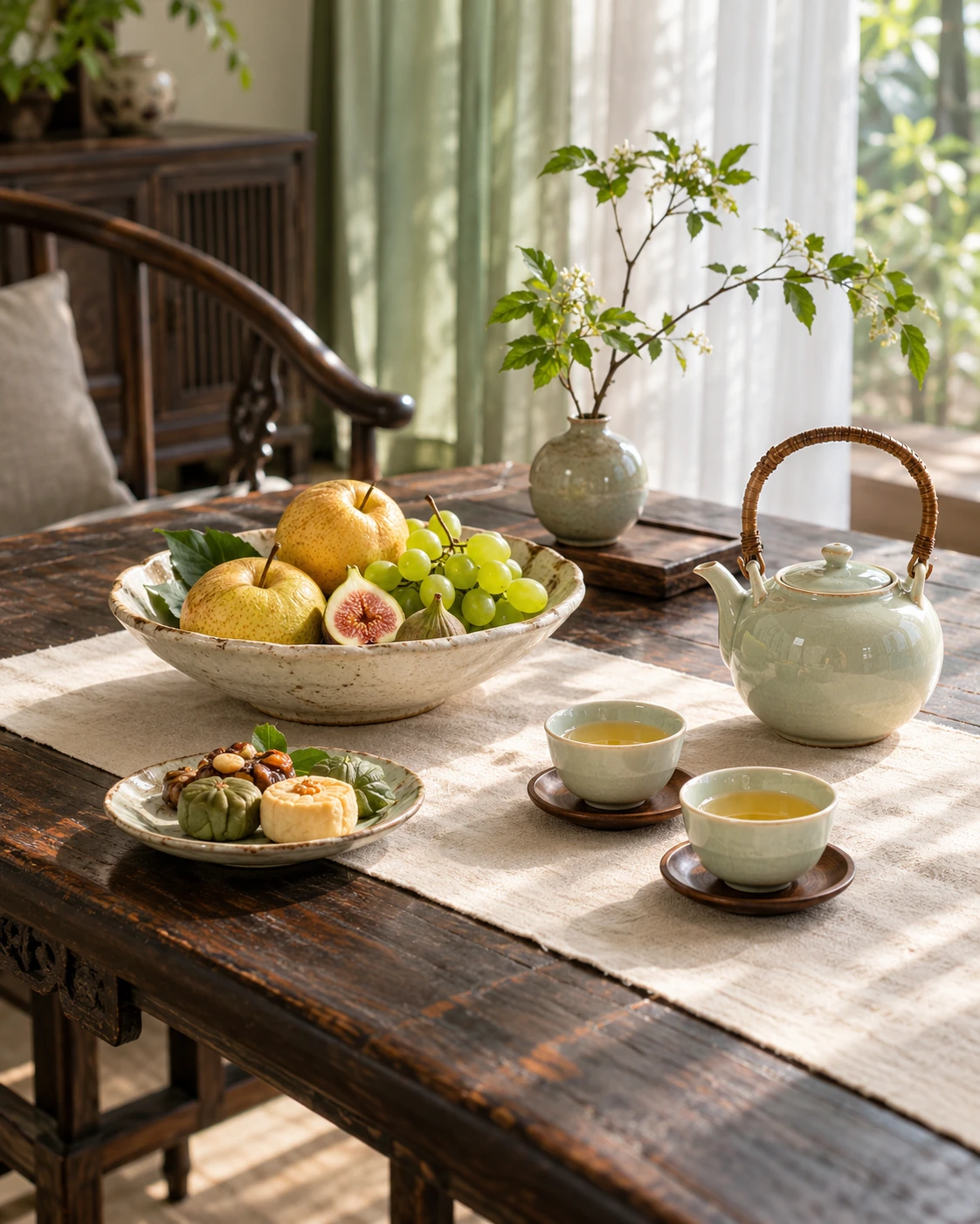 茶与当季鲜果的日常茶席，场景示意