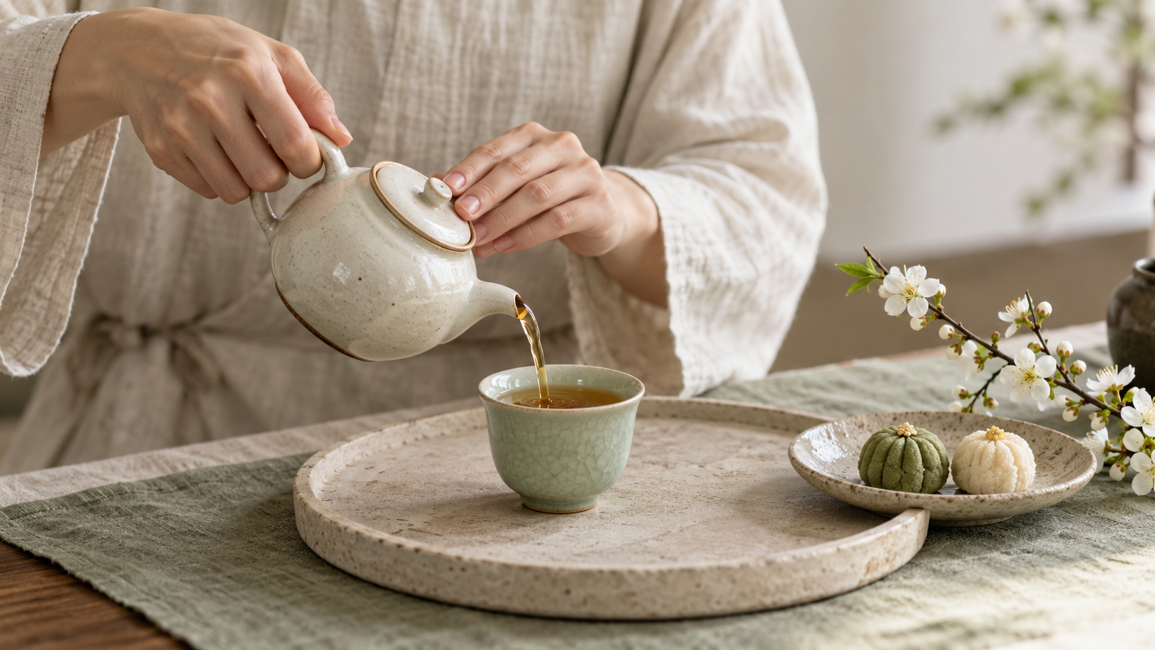 手持陶壶向青瓷杯沏茶的近景，场景示意
